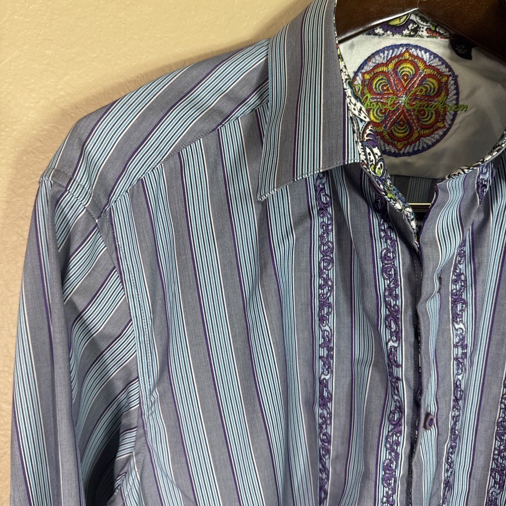 Robert Graham Men's Striped‎ Adagio Embroidered Flip Cuff Shirt Large $228 - Picture 2 of 7